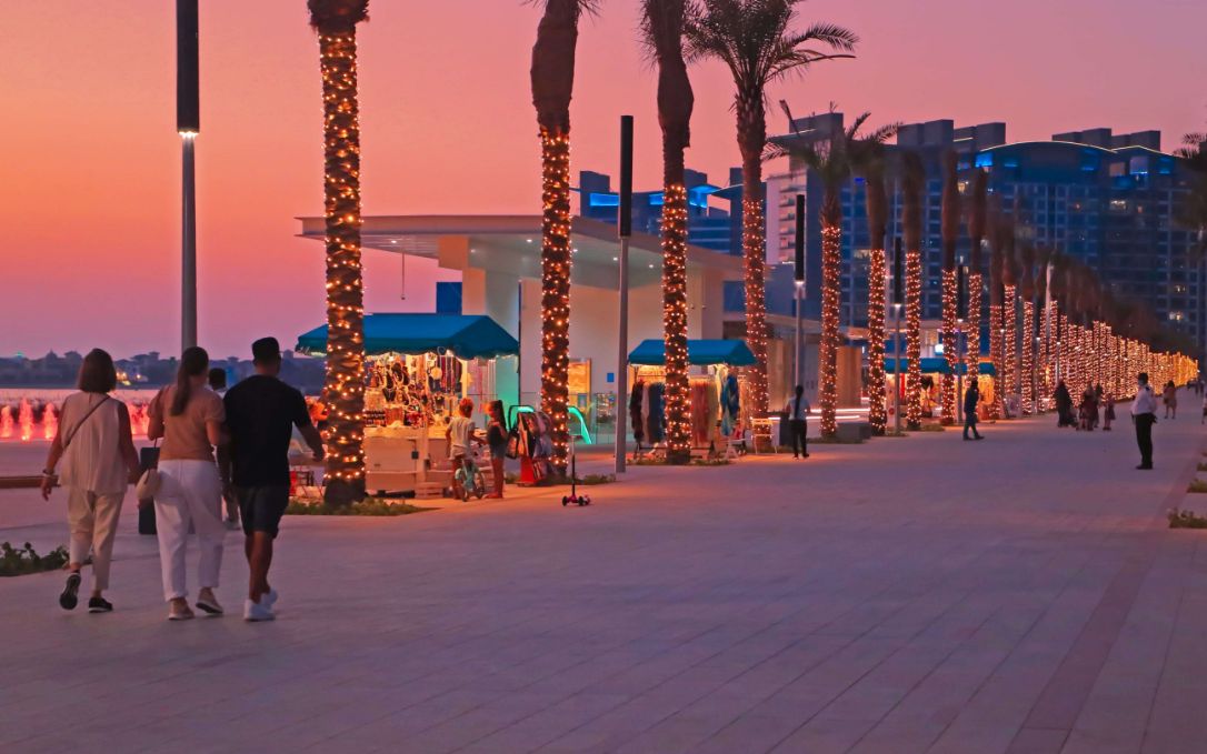 The Pointe's pier at night in Dubai